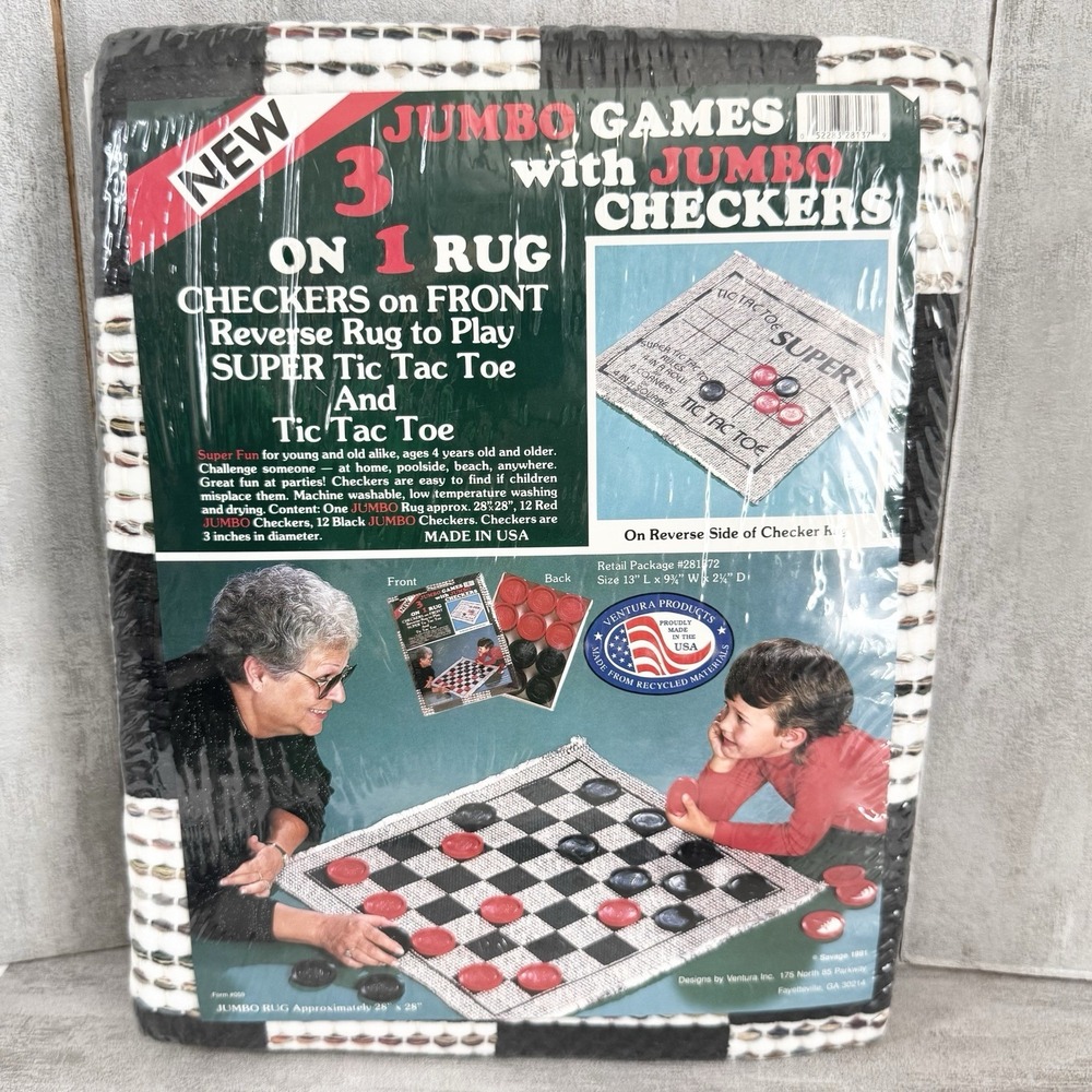 VTG Ventura Products Jumbo 3 on 1 Checkers Tic Tac Toe Game on Reverse Rug 28x28
